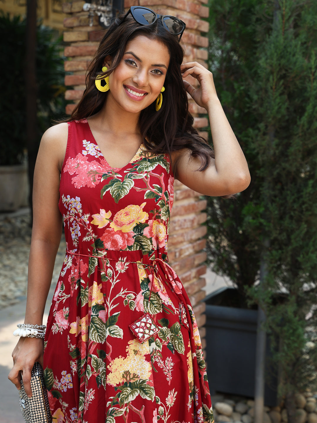 Cotton Ankle Length Printed Flared Sleeveless Sleeves V-Neck Kurta