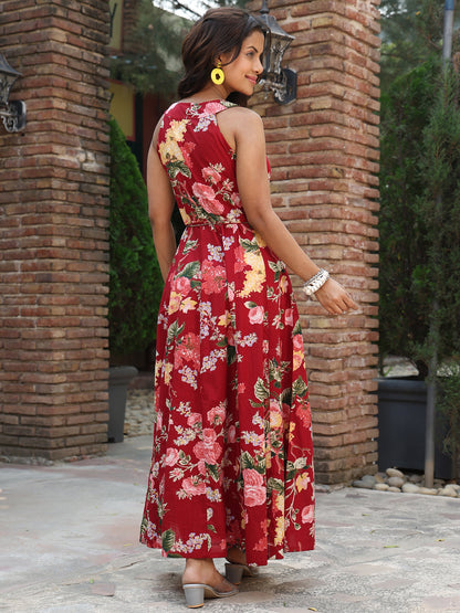 Cotton Ankle Length Printed Flared Sleeveless Sleeves V-Neck Kurta
