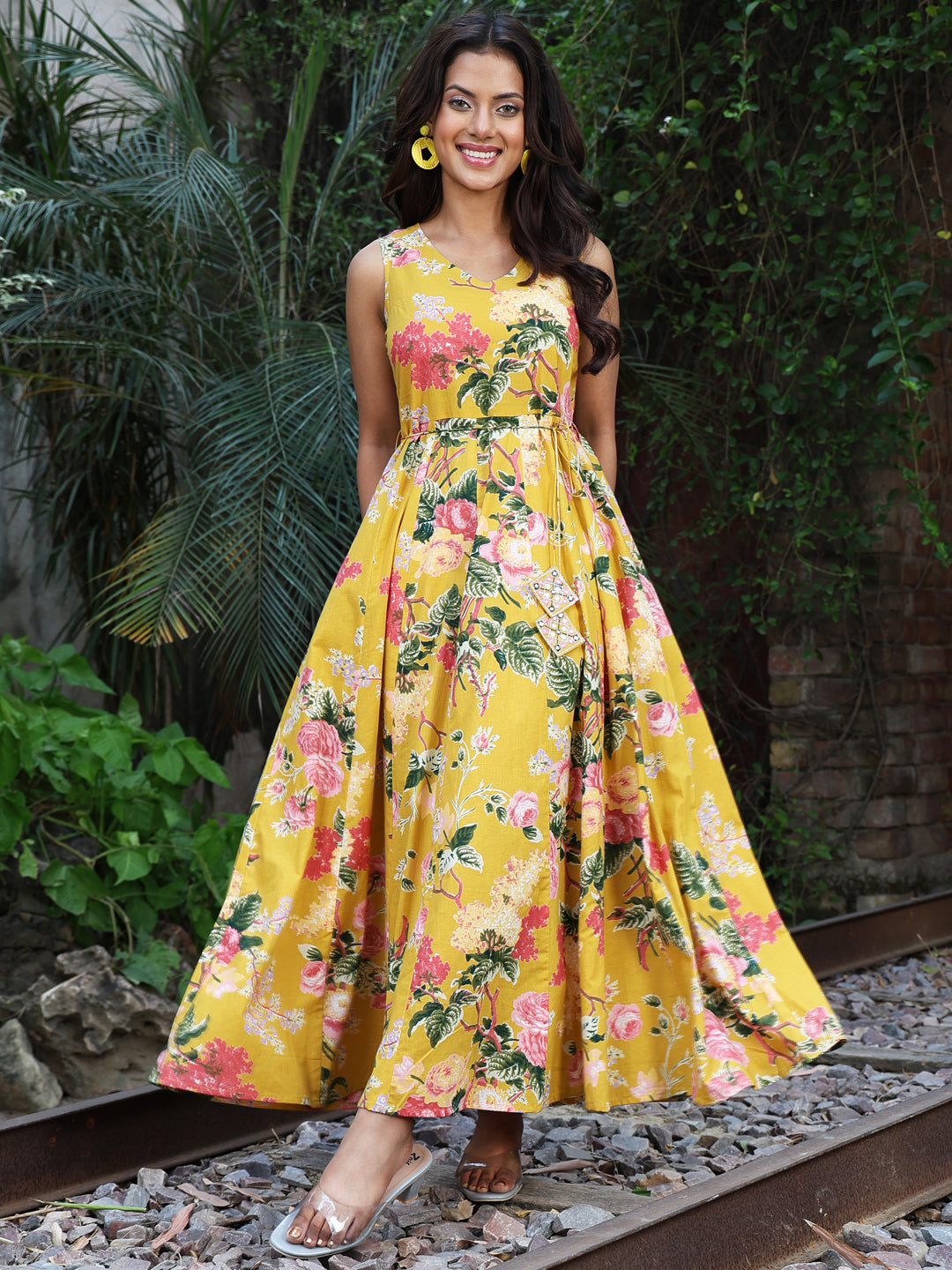 Cotton Ankle Length Printed Flared 3/4 Sleeves V-Neck Kurta