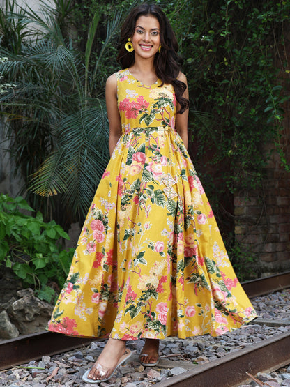 Cotton Ankle Length Printed Flared 3/4 Sleeves V-Neck Kurta