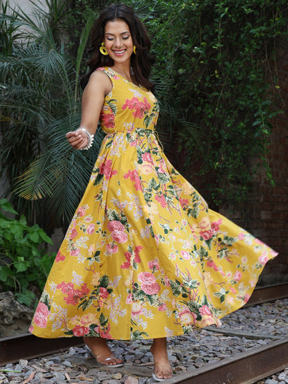 Cotton Ankle Length Printed Flared 3/4 Sleeves V-Neck Kurta