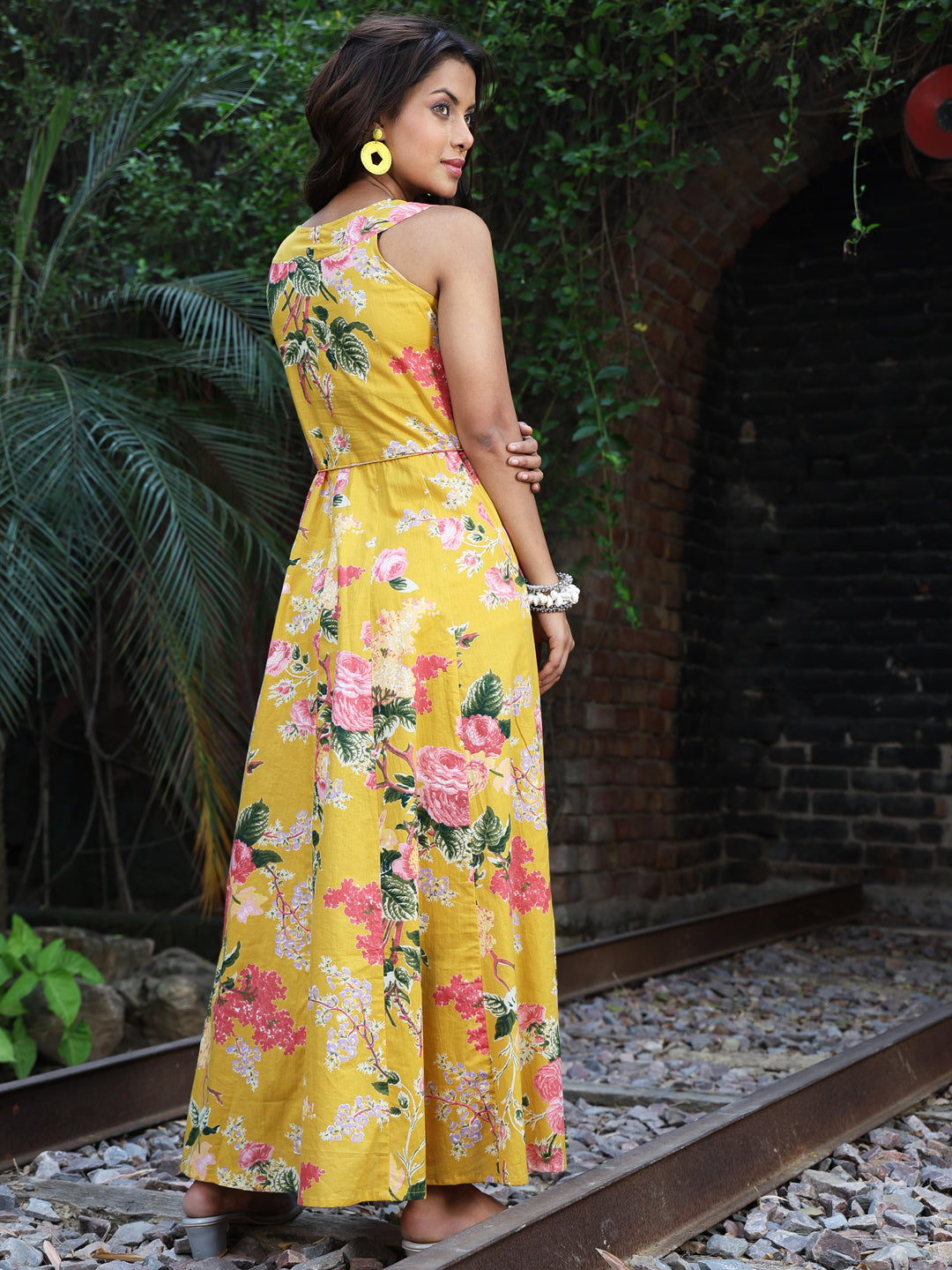 Cotton Ankle Length Printed Flared 3/4 Sleeves V-Neck Kurta