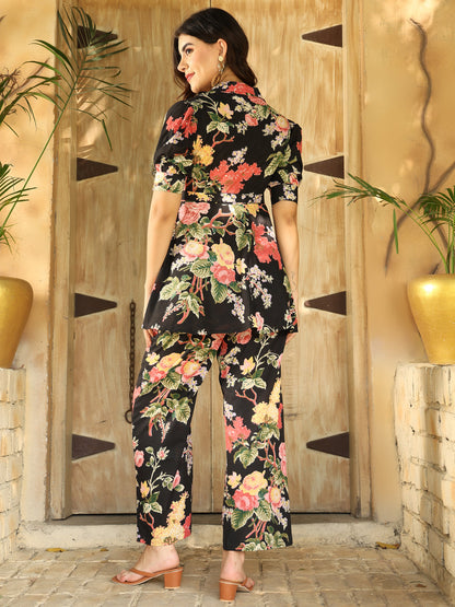 Cotton Hip Length Printed Flared Half Sleeves Shirt Collar Kurta Bottom Set