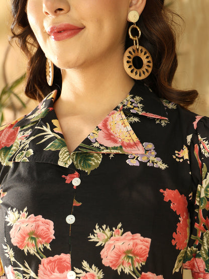 Cotton Hip Length Printed Flared Half Sleeves Shirt Collar Kurta Bottom Set