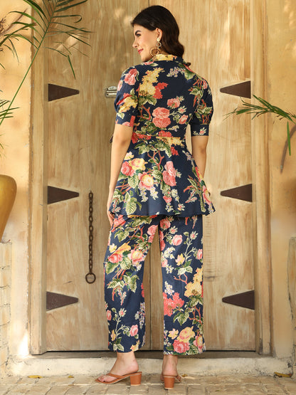 Cotton Hip Length Printed Flared Half Sleeves Shirt Collar Kurta Bottom Set