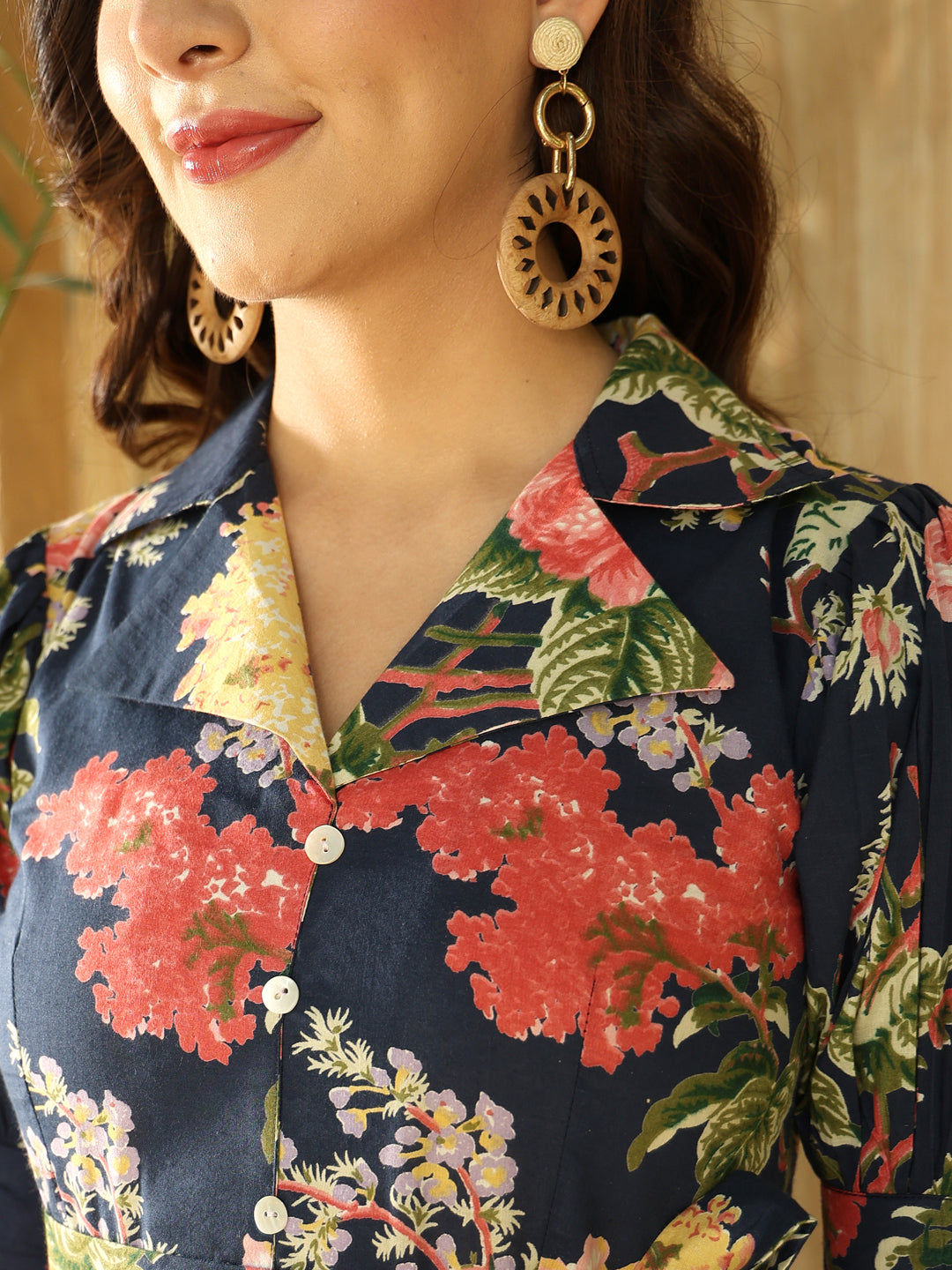 Cotton Hip Length Printed Flared Half Sleeves Shirt Collar Kurta Bottom Set