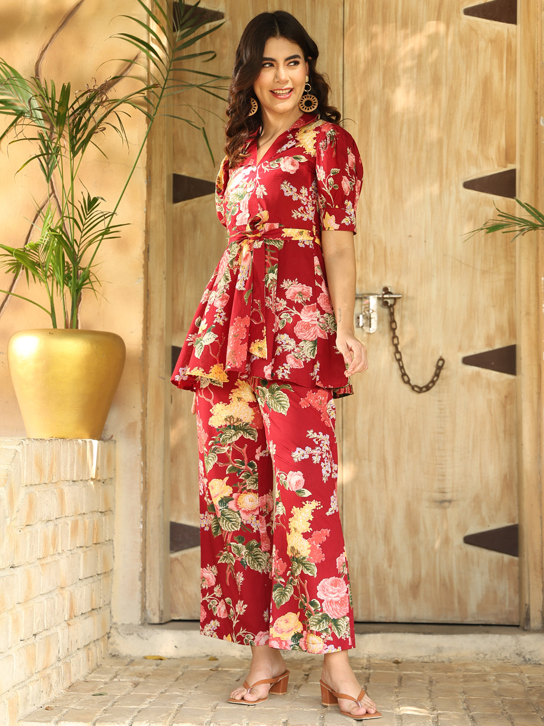 Cotton Hip Length Printed Flared Half Sleeves Shirt Collar Kurta Bottom Set