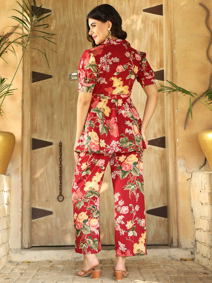 Cotton Hip Length Printed Flared Half Sleeves Shirt Collar Kurta Bottom Set