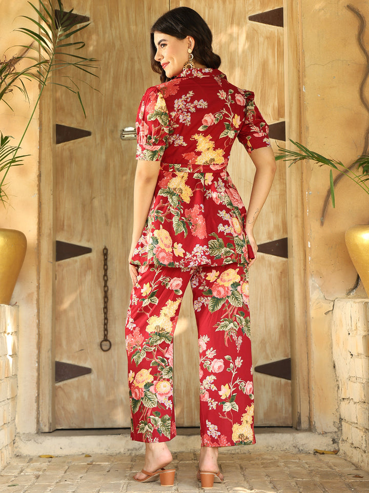 Cotton Hip Length Printed Flared Half Sleeves Shirt Collar Kurta Bottom Set