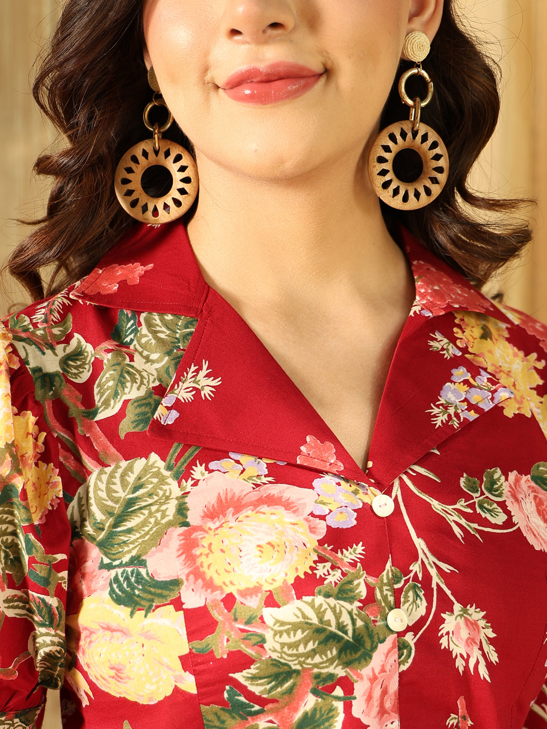 Cotton Hip Length Printed Flared Half Sleeves Shirt Collar Kurta Bottom Set