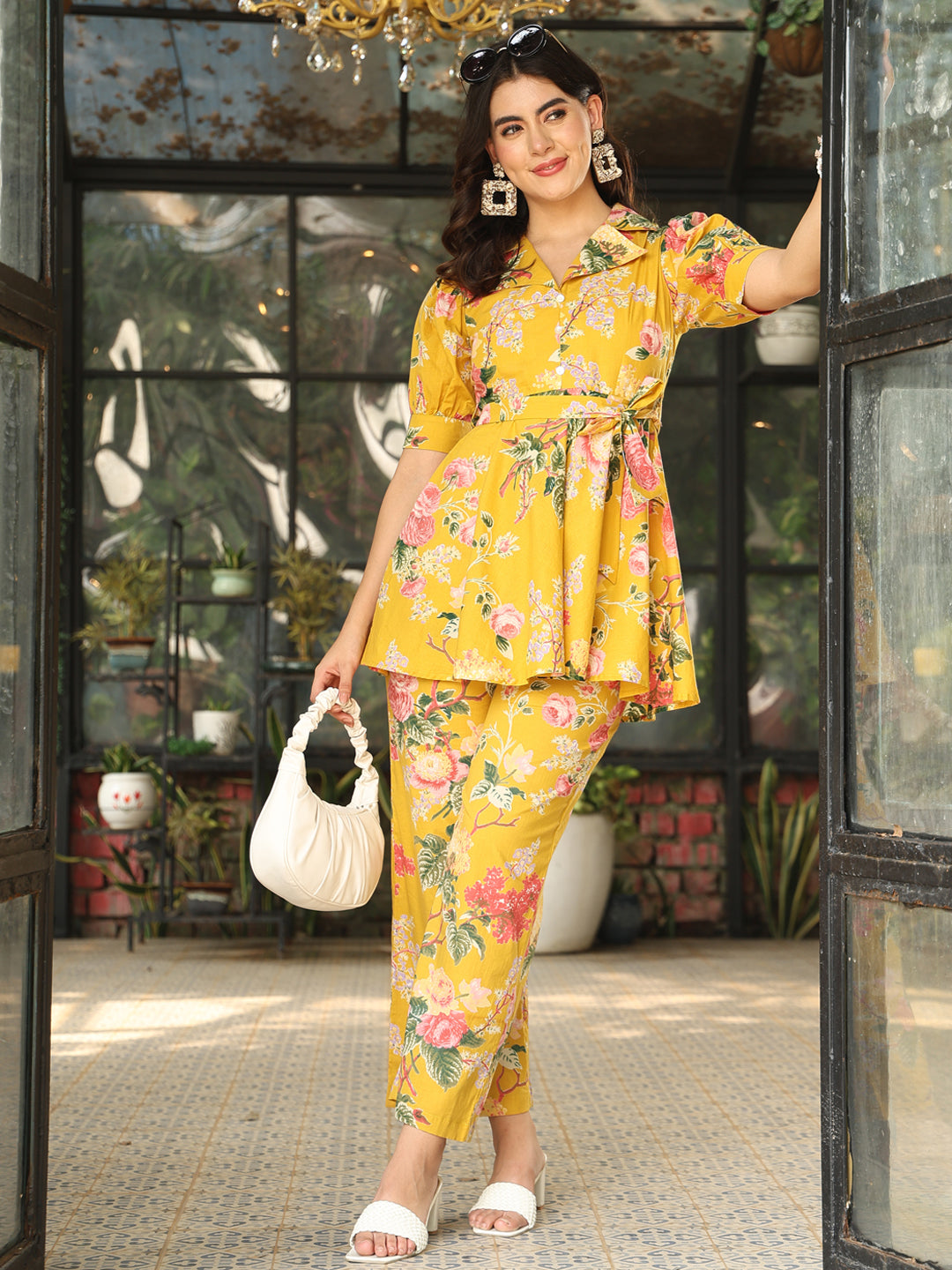 Cotton Hip Length Printed Flared Half Sleeves Shirt Collar Kurta Bottom Set