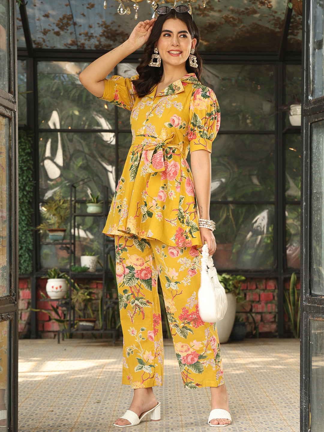 Cotton Hip Length Printed Flared Half Sleeves Shirt Collar Kurta Bottom Set