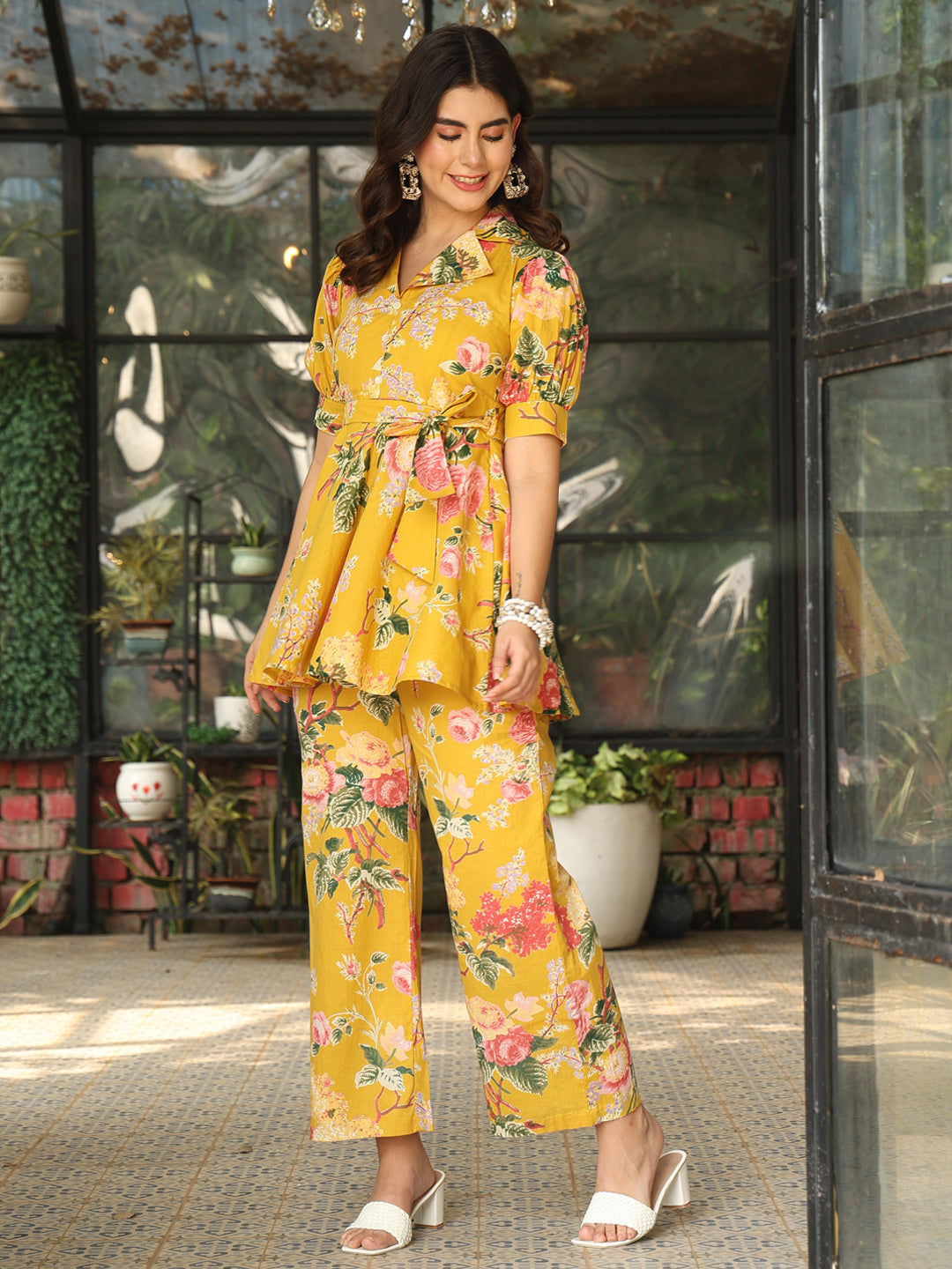 Cotton Hip Length Printed Flared Half Sleeves Shirt Collar Kurta Bottom Set