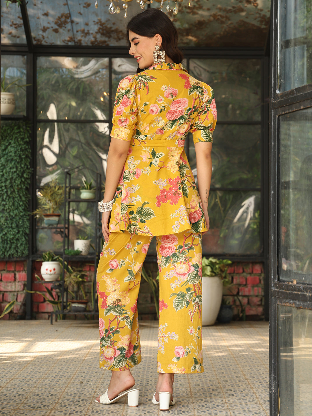 Cotton Hip Length Printed Flared Half Sleeves Shirt Collar Kurta Bottom Set