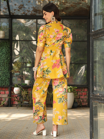 Cotton Hip Length Printed Flared Half Sleeves Shirt Collar Kurta Bottom Set