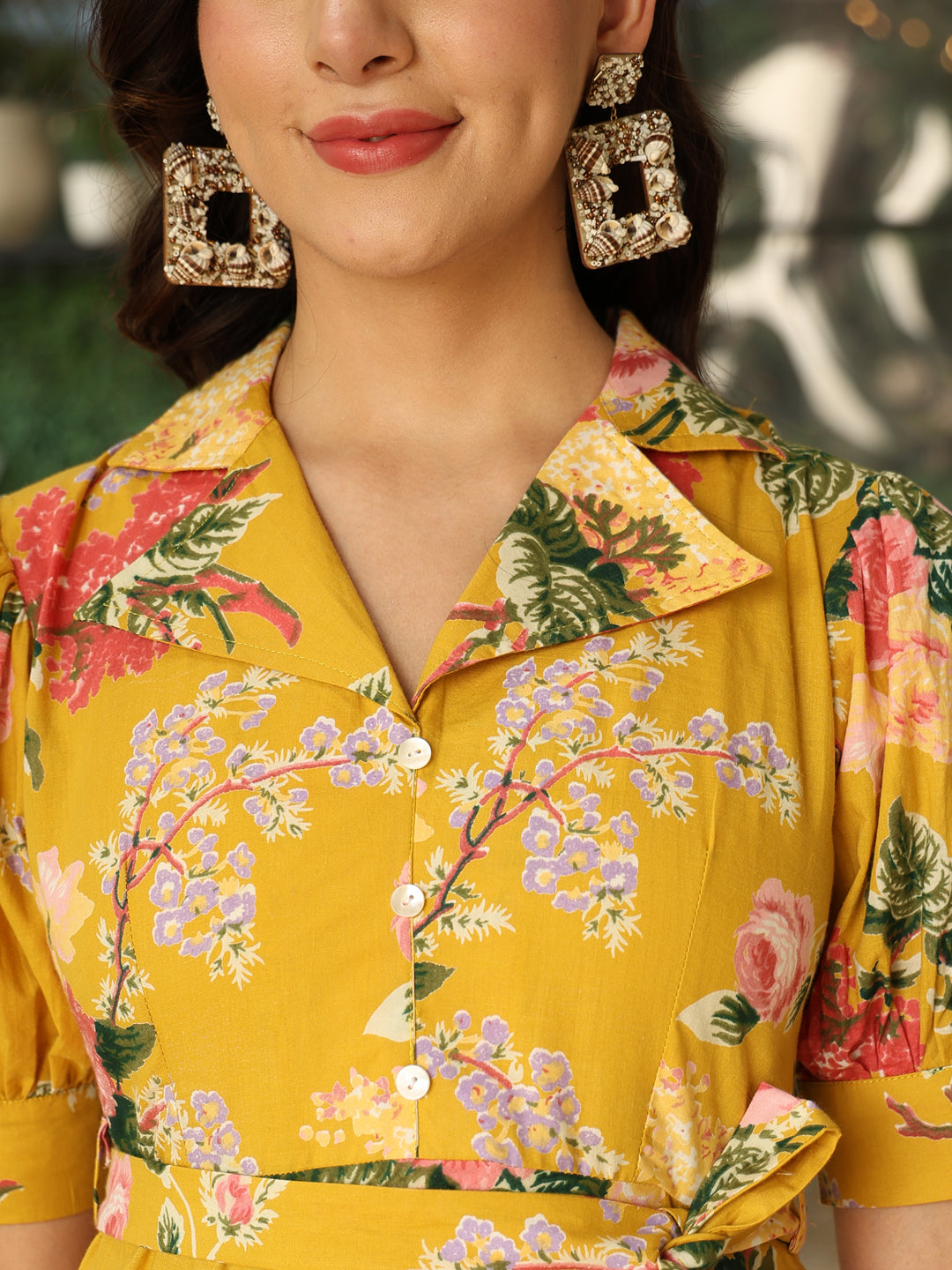 Cotton Hip Length Printed Flared Half Sleeves Shirt Collar Kurta Bottom Set