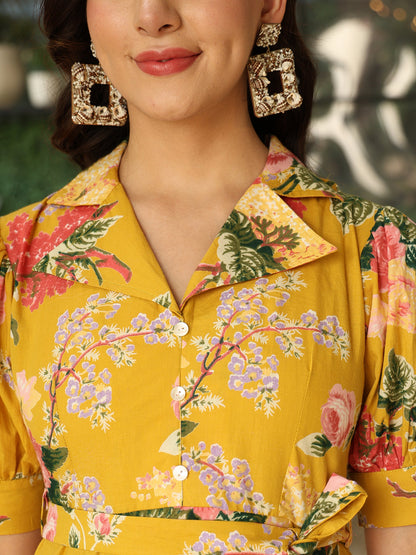 Cotton Hip Length Printed Flared Half Sleeves Shirt Collar Kurta Bottom Set