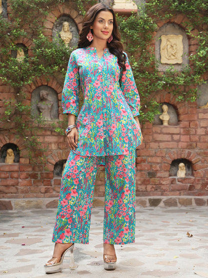 Cotton Hip Length Printed Straight 3/4 Sleeves Mandarin Kurta Bottom Set