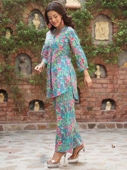 Cotton Hip Length Printed Straight 3/4 Sleeves Mandarin Kurta Bottom Set