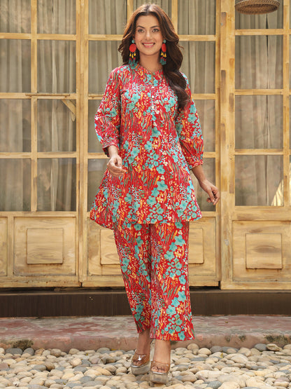 Cotton Hip Length Printed Straight 3/4 Sleeves Mandarin Kurta Bottom Set