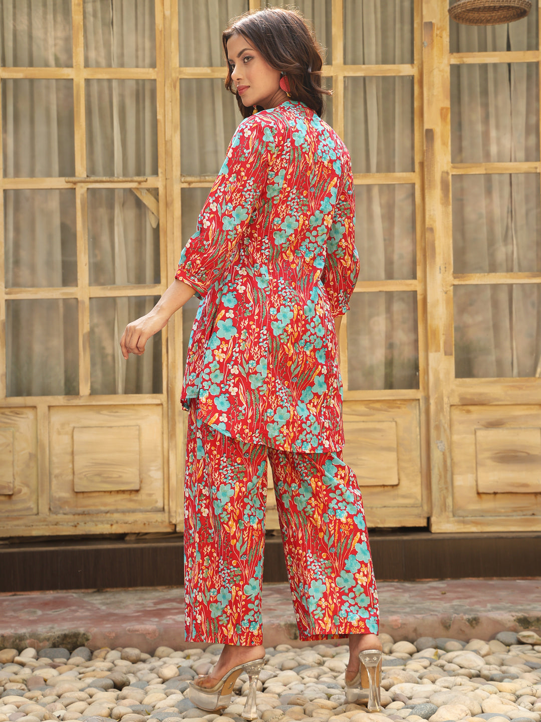 Cotton Hip Length Printed Straight 3/4 Sleeves Mandarin Kurta Bottom Set