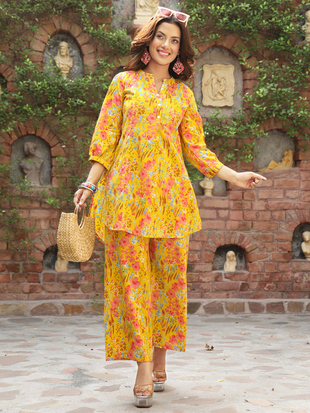 Cotton Hip Length Printed Straight 3/4 Sleeves Mandarin Kurta Bottom Set