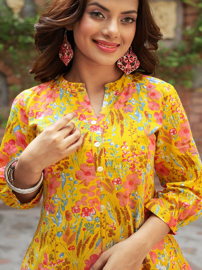 Cotton Hip Length Printed Straight 3/4 Sleeves Mandarin Kurta Bottom Set