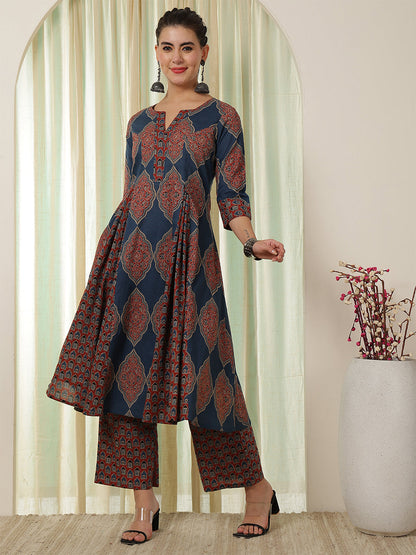 Cotton Calf Length Printed Flared 3/4 Sleeves Round Neck Kurta Bottom Set