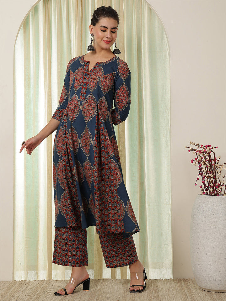 Cotton Calf Length Printed Flared 3/4 Sleeves Round Neck Kurta Bottom Set