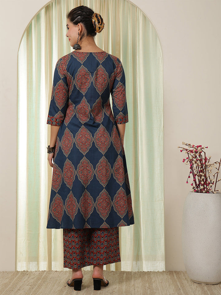 Cotton Calf Length Printed Flared 3/4 Sleeves Round Neck Kurta Bottom Set
