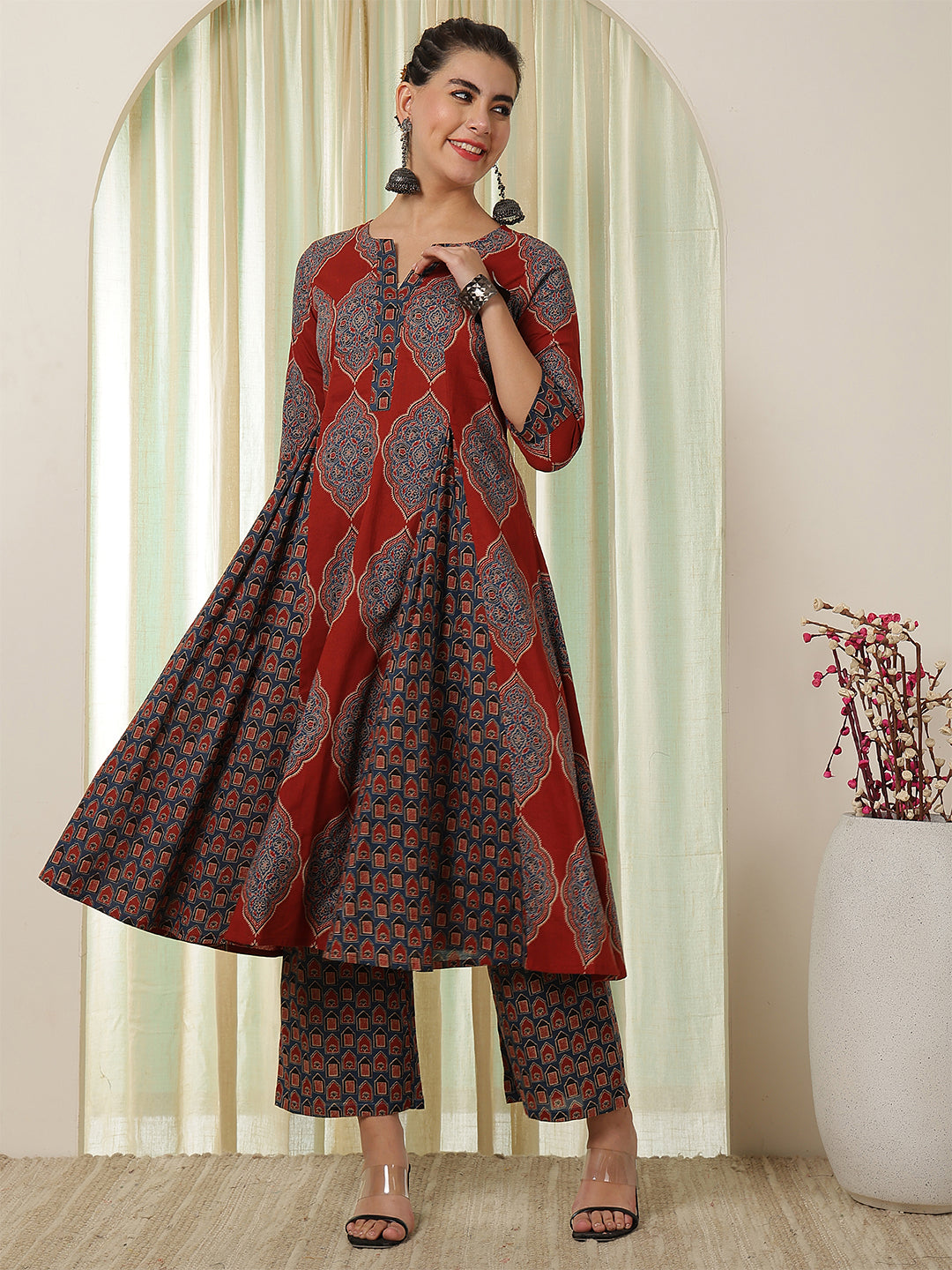 Cotton Calf Length Printed Flared 3/4 Sleeves Round Neck Kurta Bottom Set