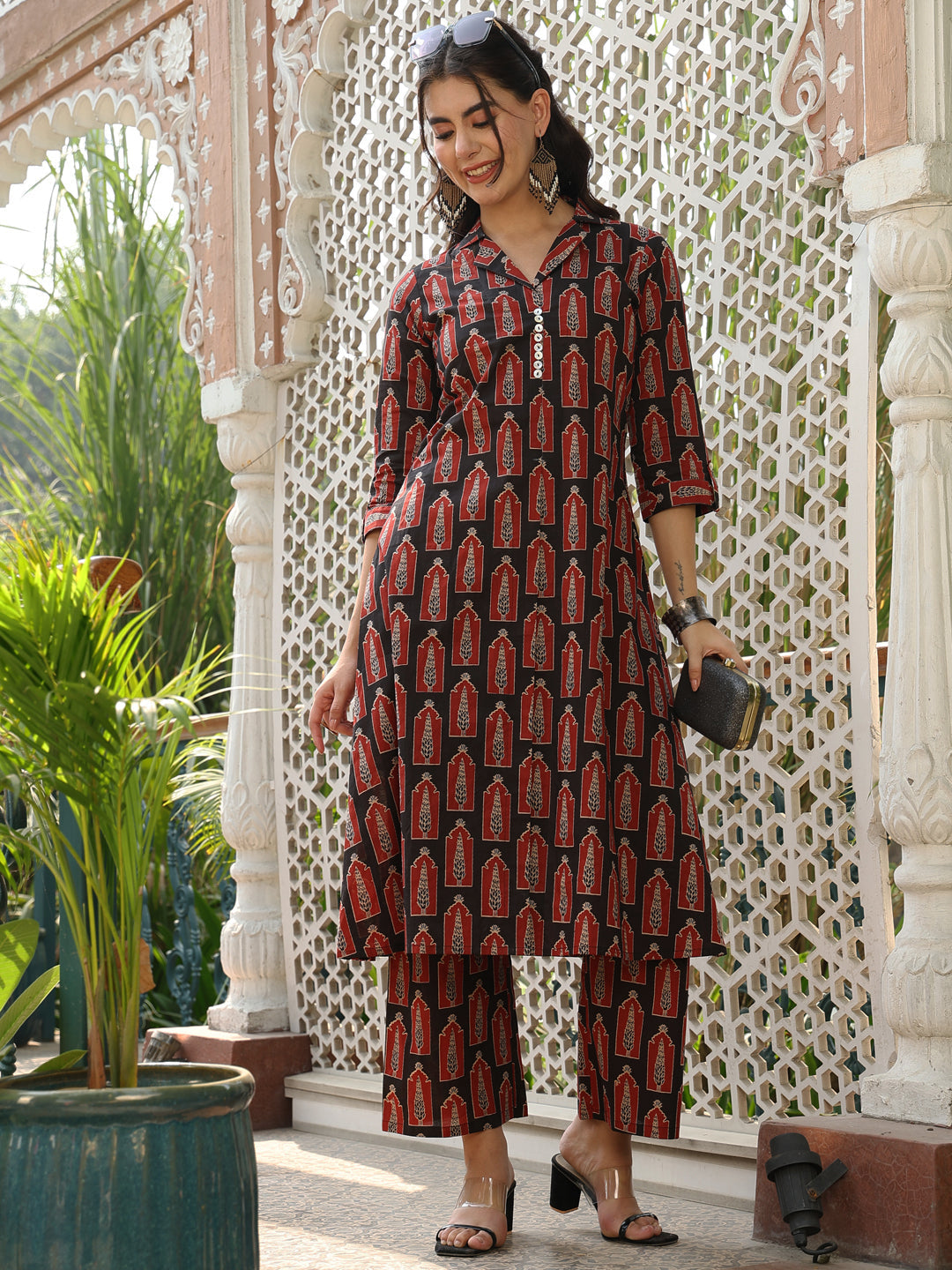 Cotton Calf Length Printed A-line 3/4 Sleeves Shirt Collar Kurta Bottom Set