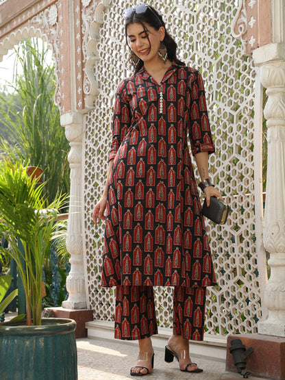 Cotton Calf Length Printed A-line 3/4 Sleeves Shirt Collar Kurta Bottom Set