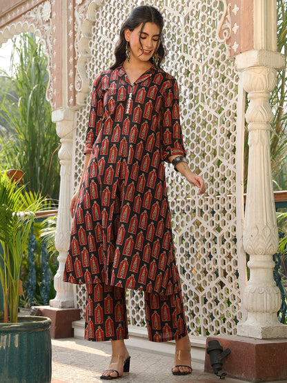 Cotton Calf Length Printed A-line 3/4 Sleeves Shirt Collar Kurta Bottom Set