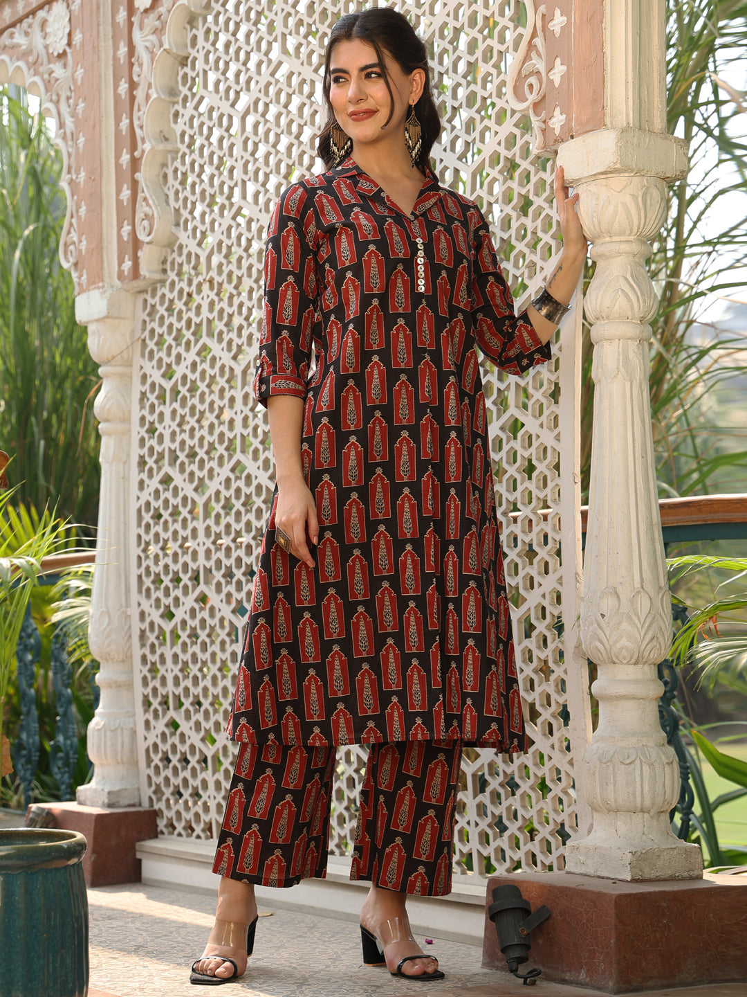 Cotton Calf Length Printed A-line 3/4 Sleeves Shirt Collar Kurta Bottom Set