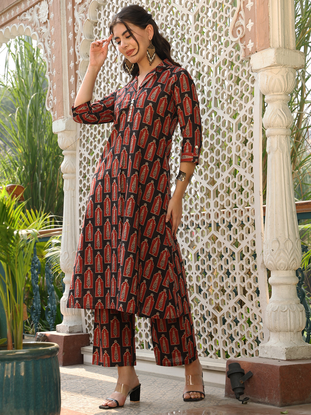 Cotton Calf Length Printed A-line 3/4 Sleeves Shirt Collar Kurta Bottom Set