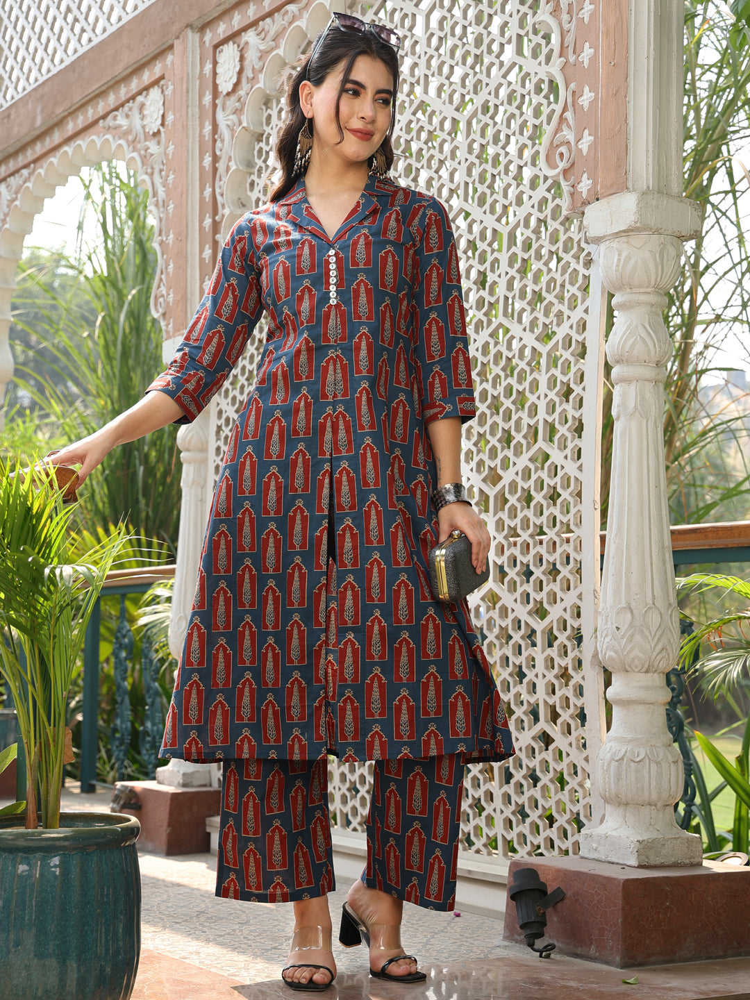 Cotton Calf Length Printed A-line 3/4 Sleeves Shirt Collar Kurta Bottom Set