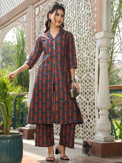 Cotton Calf Length Printed A-line 3/4 Sleeves Shirt Collar Kurta Bottom Set