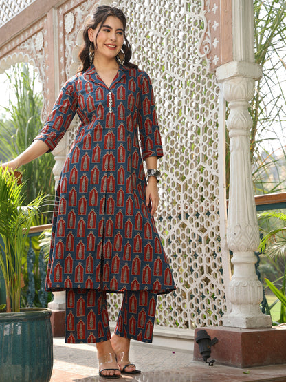 Cotton Calf Length Printed A-line 3/4 Sleeves Shirt Collar Kurta Bottom Set