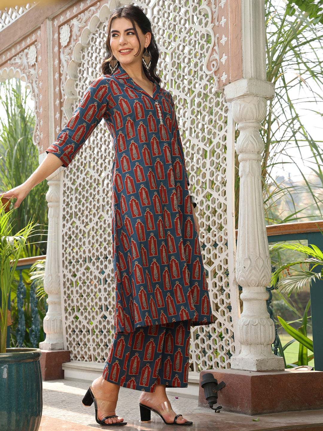 Cotton Calf Length Printed A-line 3/4 Sleeves Shirt Collar Kurta Bottom Set