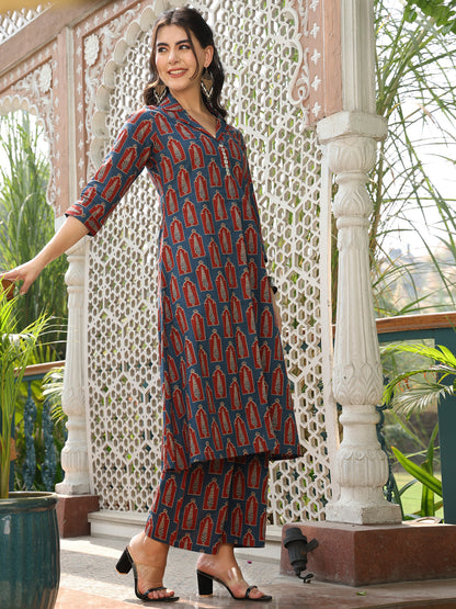 Cotton Calf Length Printed A-line 3/4 Sleeves Shirt Collar Kurta Bottom Set