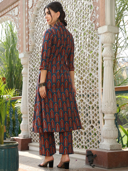 Cotton Calf Length Printed A-line 3/4 Sleeves Shirt Collar Kurta Bottom Set