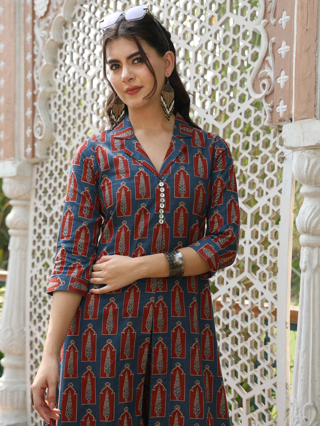 Cotton Calf Length Printed A-line 3/4 Sleeves Shirt Collar Kurta Bottom Set
