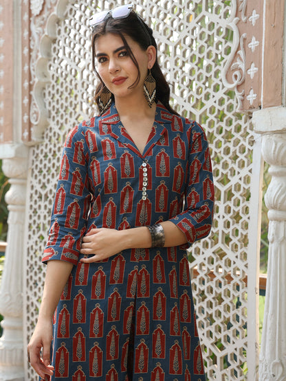 Cotton Calf Length Printed A-line 3/4 Sleeves Shirt Collar Kurta Bottom Set