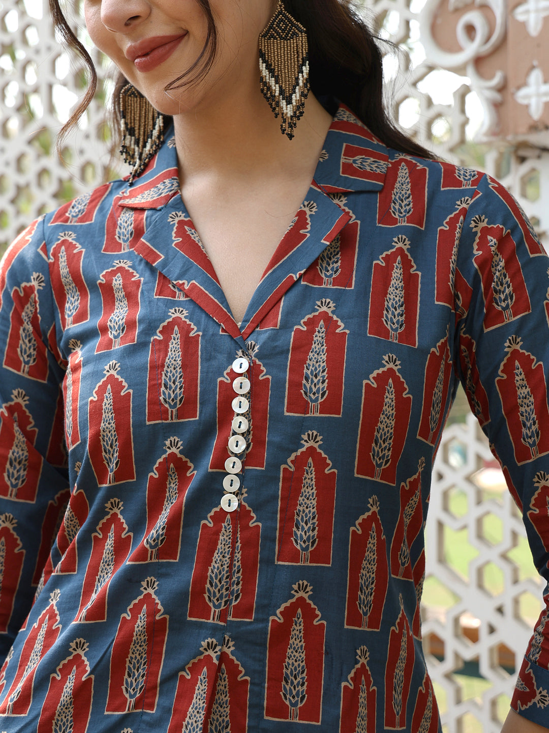 Cotton Calf Length Printed A-line 3/4 Sleeves Shirt Collar Kurta Bottom Set