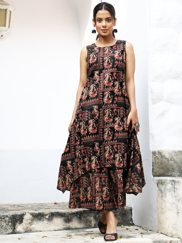Rayon Calf Length Printed Assymetrical Sleeveless Sleeves Round Neck Kurta Bottom Set