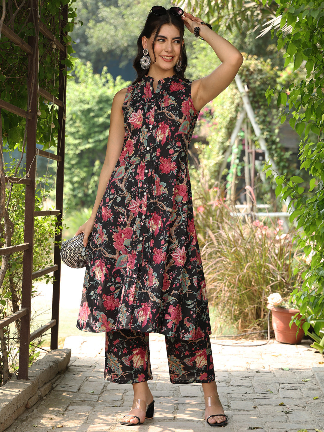 Cotton Calf Length Printed A-Line Sleeveless Sleeves Mandarin Kurta Bottom Set