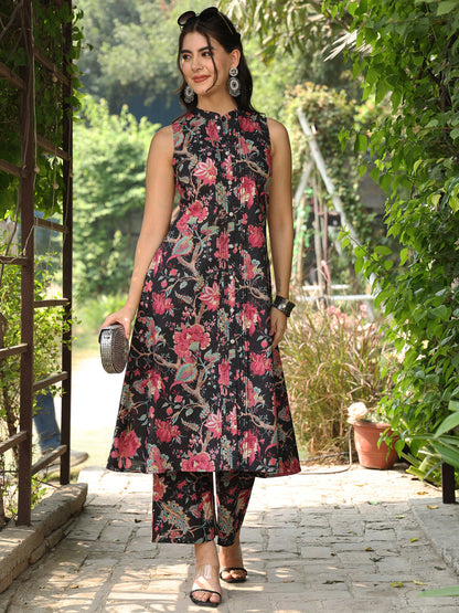 Cotton Calf Length Printed A-Line Sleeveless Sleeves Mandarin Kurta Bottom Set