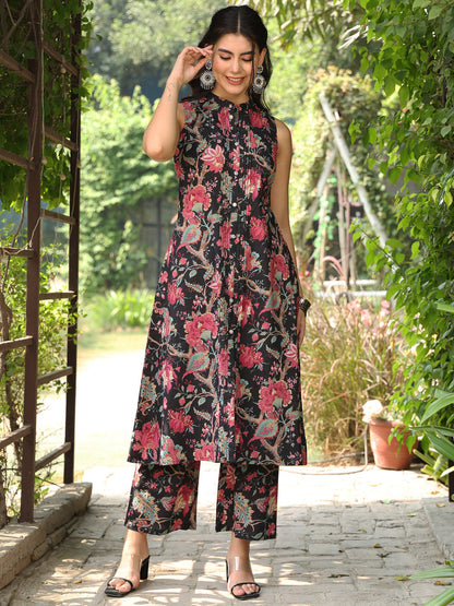 Cotton Calf Length Printed A-Line Sleeveless Sleeves Mandarin Kurta Bottom Set
