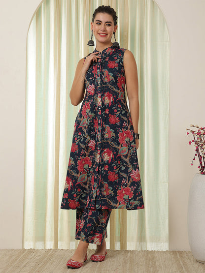 Cotton Calf Length Printed A-Line Sleeveless Sleeves Mandarin Kurta Bottom Set